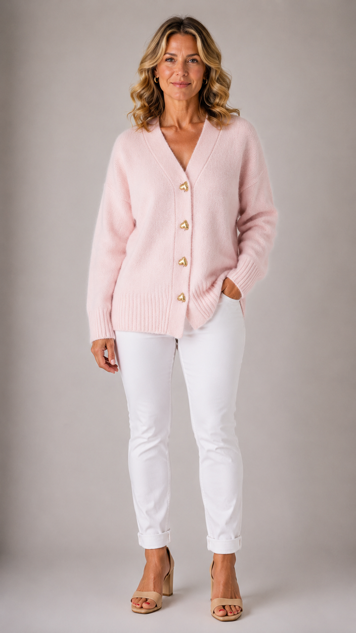Rosalie | Heart Button V-Neck Cardigan