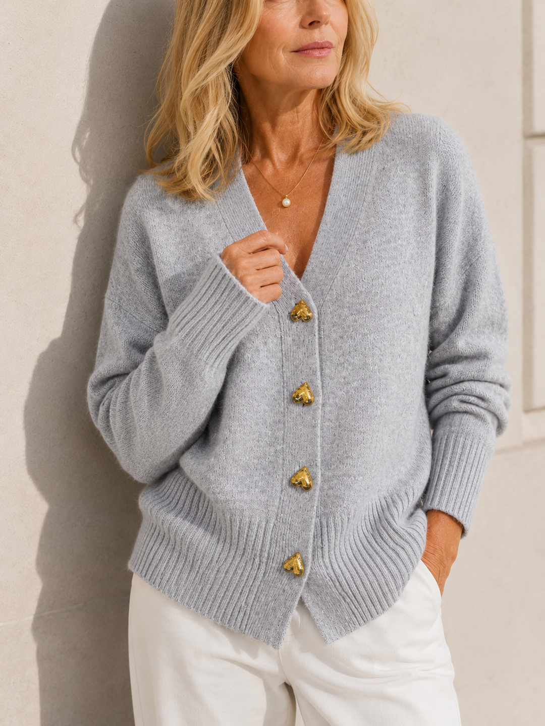 Rosalie | Heart Button V-Neck Cardigan