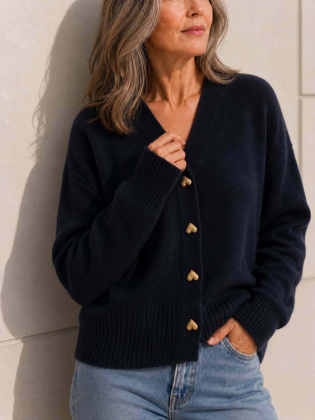 Rosalie | Heart Button V-Neck Cardigan