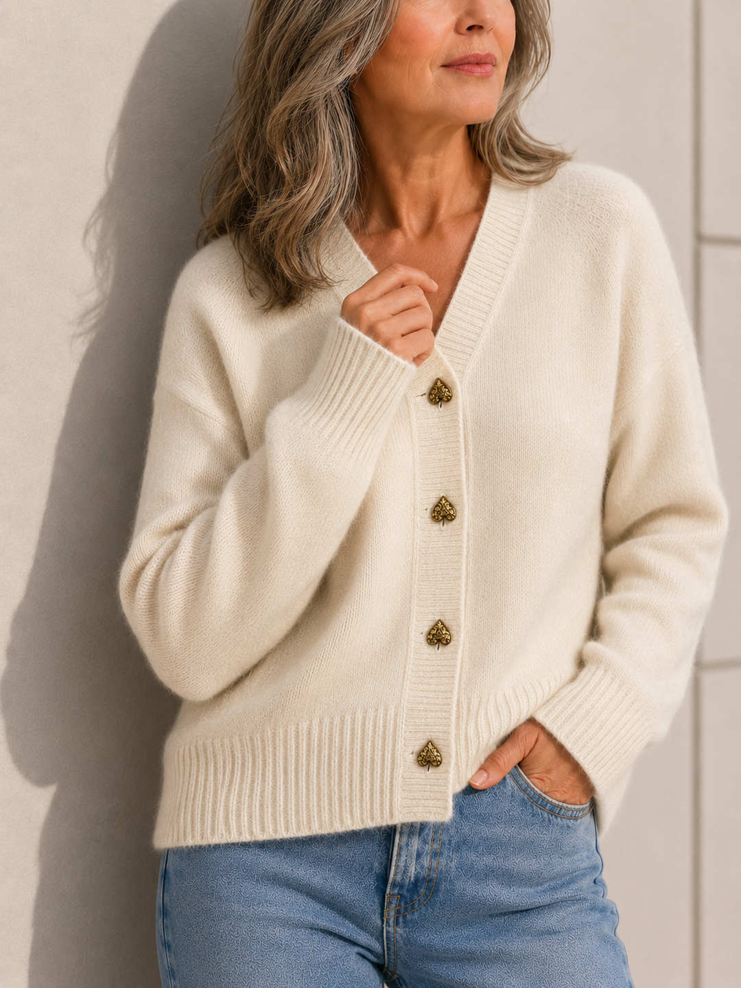 Rosalie | Heart Button V-Neck Cardigan