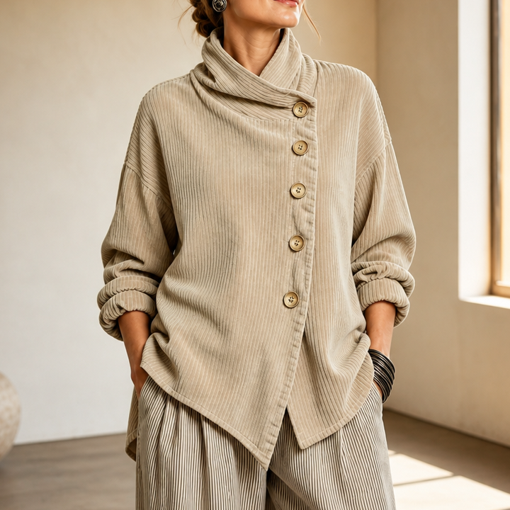 Tessa | Asymmetric Button Draped Collar Top